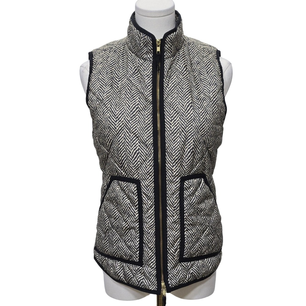 J Crew Vest Womens XS Black White Herringbone Quilted Puffer Fall Outerwear